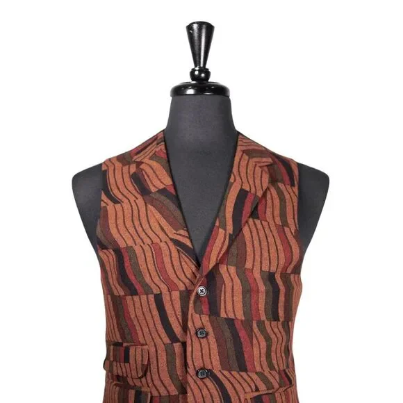 Mens 40R Wool Vest Brown Red Green Abstract Waistcoat Formal Wedding Groom Party